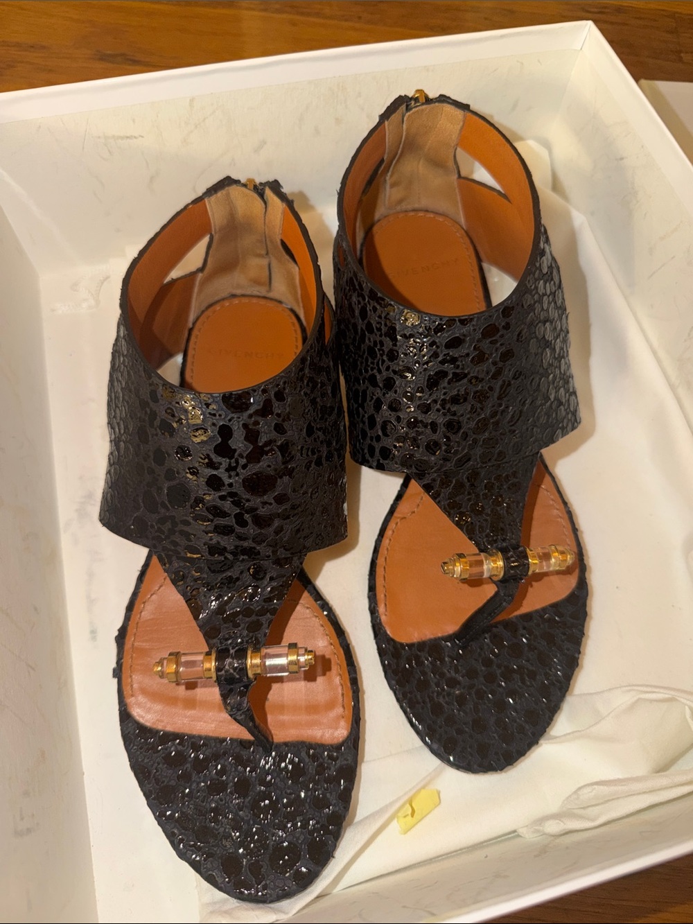 Givenchy Black Textured Leather Toe-Ring Sandals with Gold Hardware